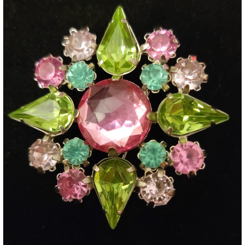 Vintage Pink Green Teal Rhinestone Starburst Brooch Silver Tone Statement Pin